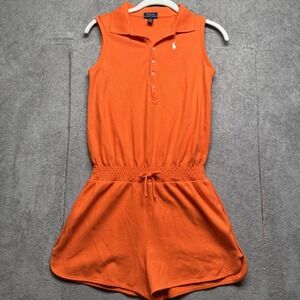 Polo Ralph Lauren Girls Orange Sleeveless Polo Romper Preppy Summer Shorts 12-14